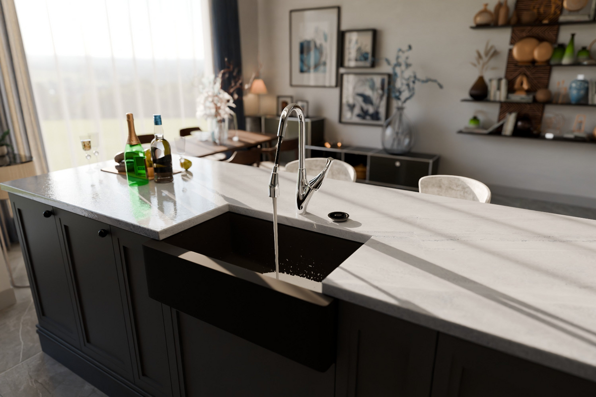 Modern kitchen with marble countertop and black sink