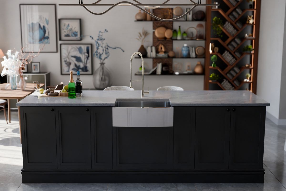 Modern kitchen island with a sink in a stylishly decorated room.