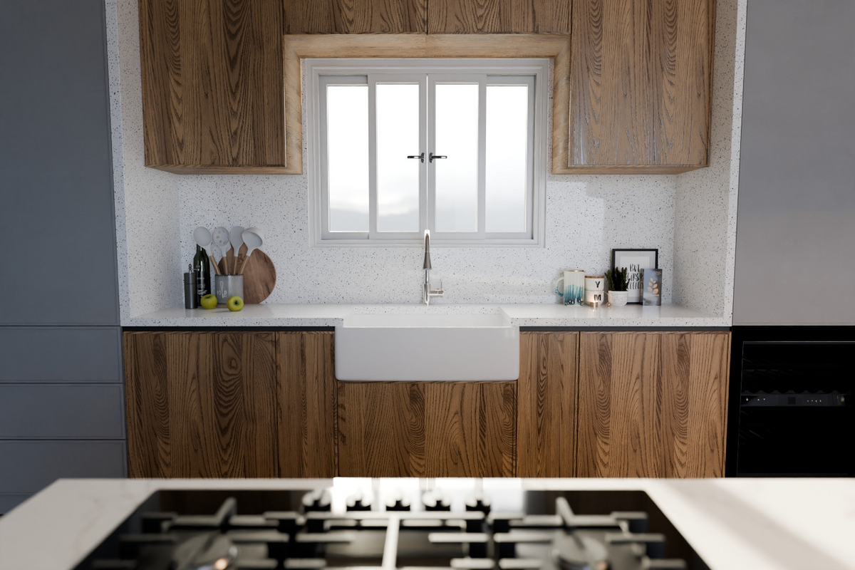 Modern kitchen with wooden cabinets, white countertop, and window above the sink.