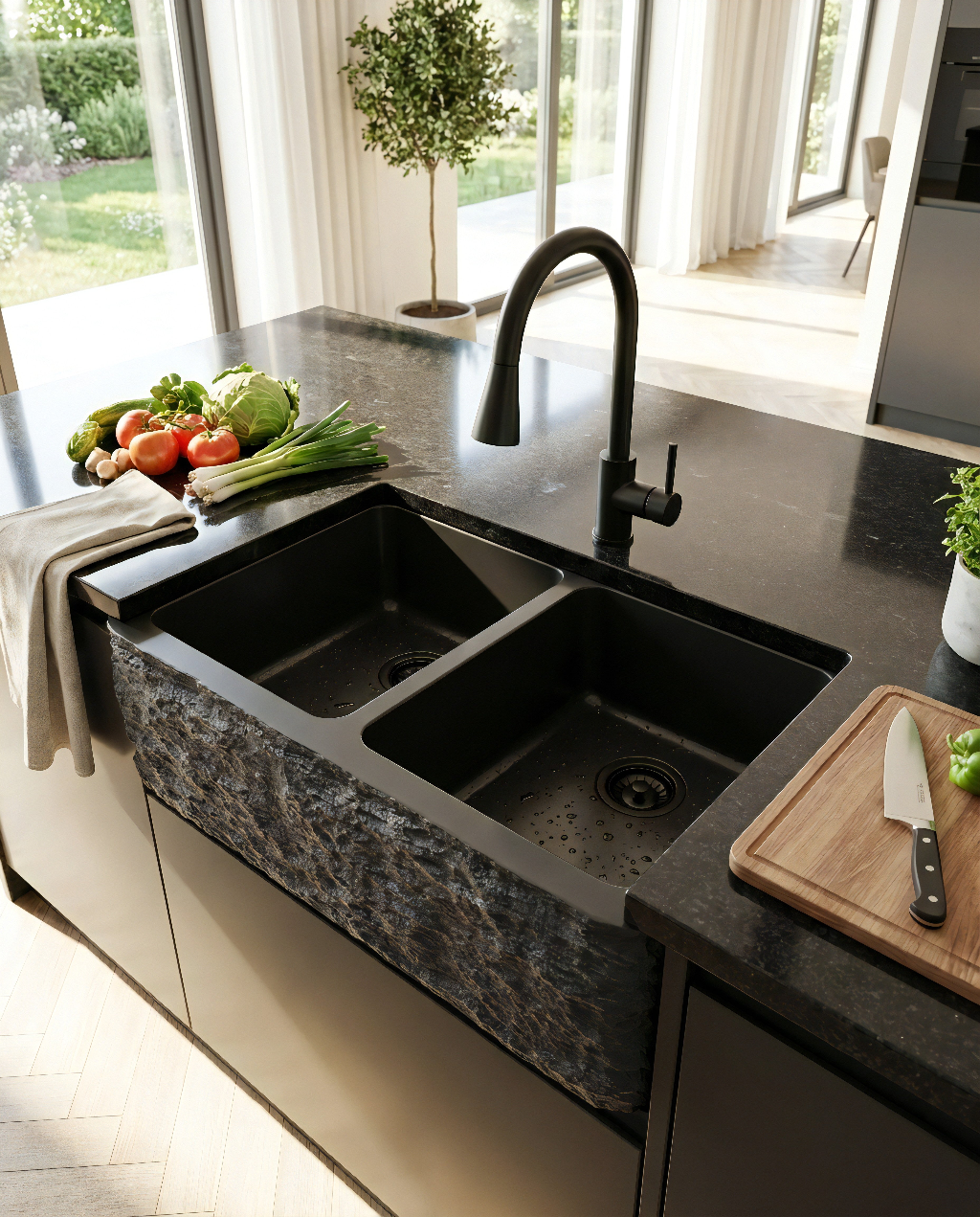 Modern kitchen with a double-basin sink and black countertop.