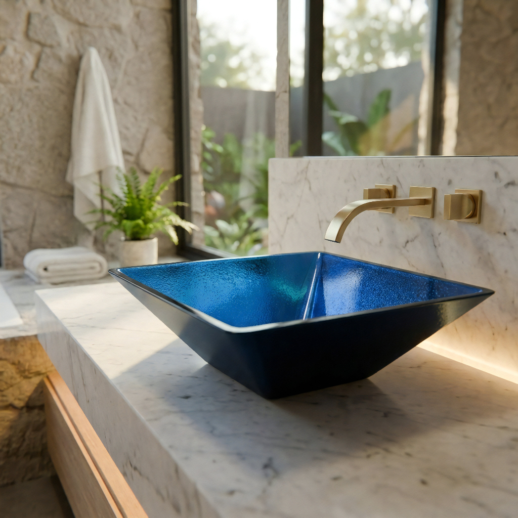 Blue speckled sink on a marble countertop with a gold faucet in a bathroom setting.
