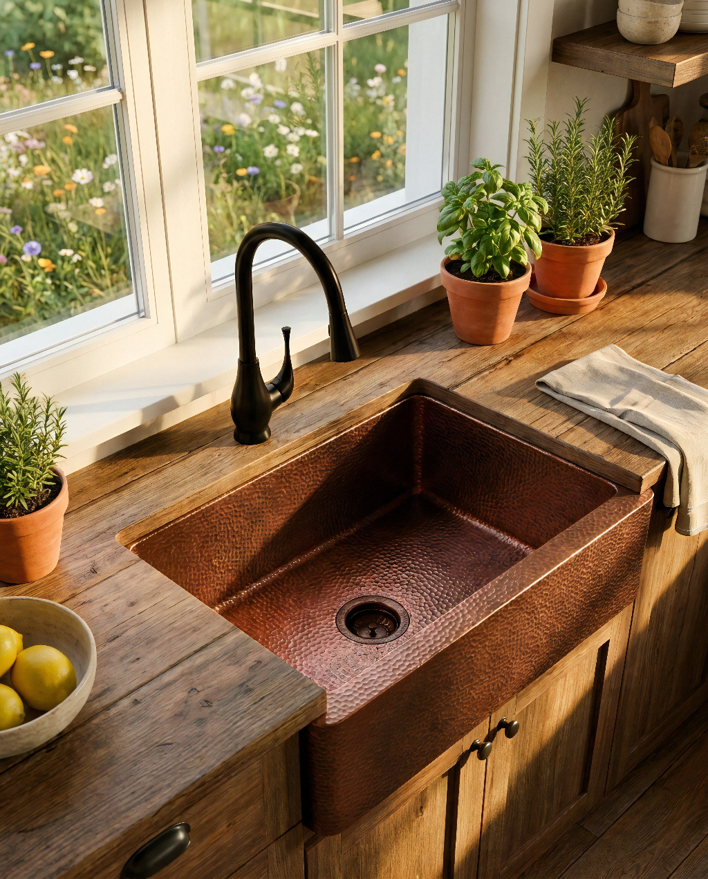 Copper kitchen sink on a wooden countertop with potted plants and a window view.