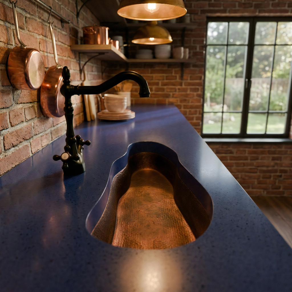Copper sink and pots in a rustic kitchen setting with brick walls and a window.