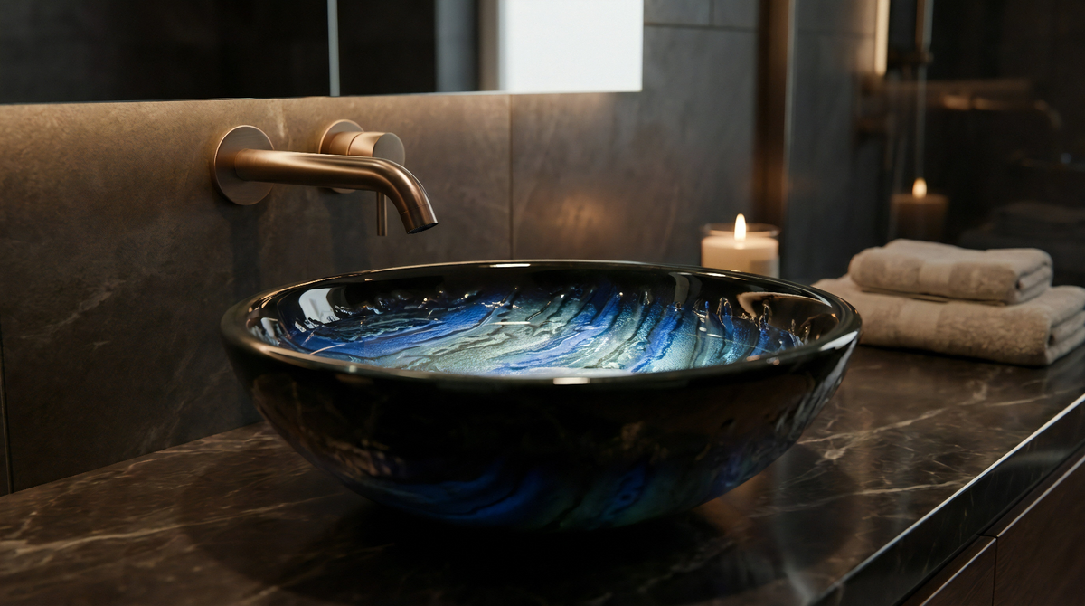 Bathroom sink with blue and black marbled design, bronze faucet, and towels on a marble countertop.