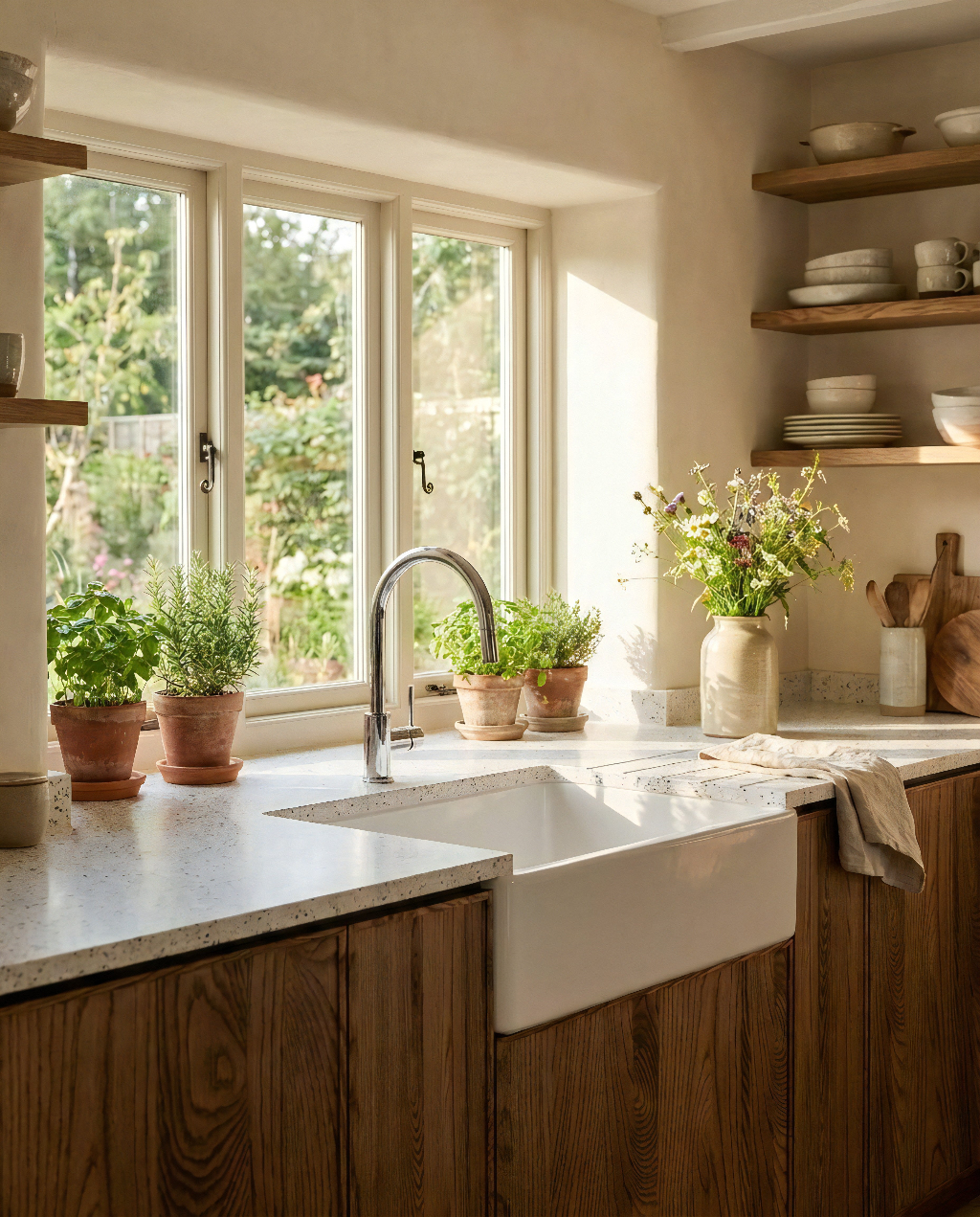 Modern kitchen with wooden cabinets, white countertop, and large window.
