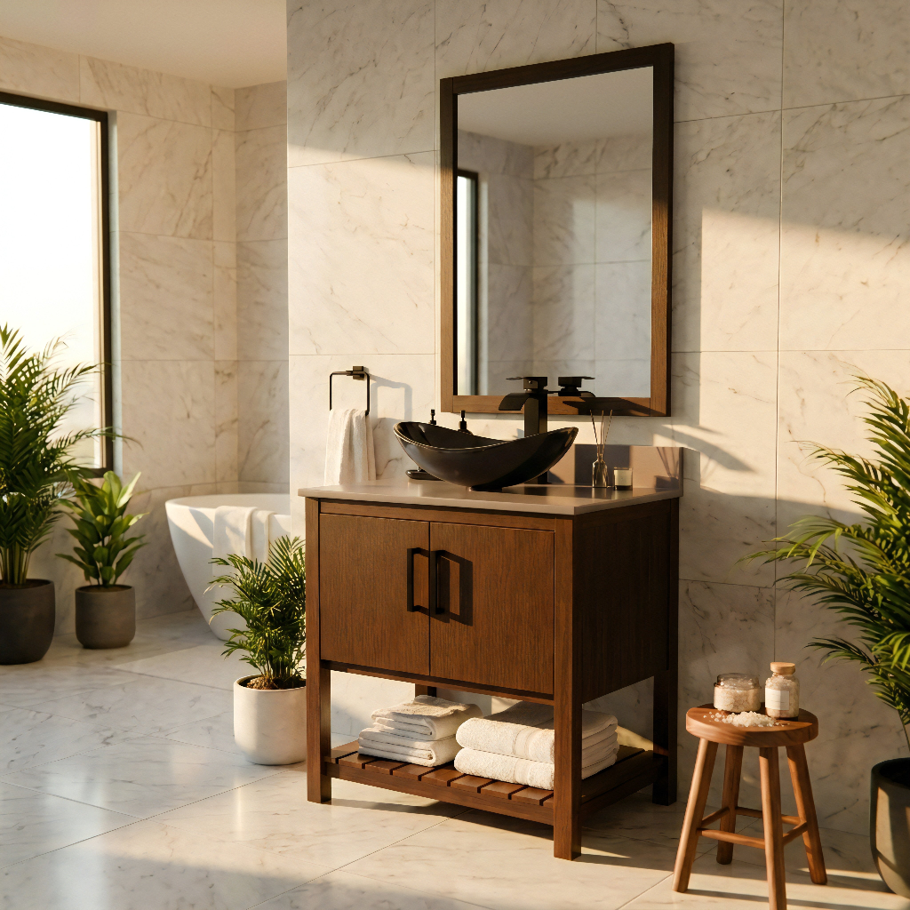 Bathroom with wooden vanity, mirror, and plants