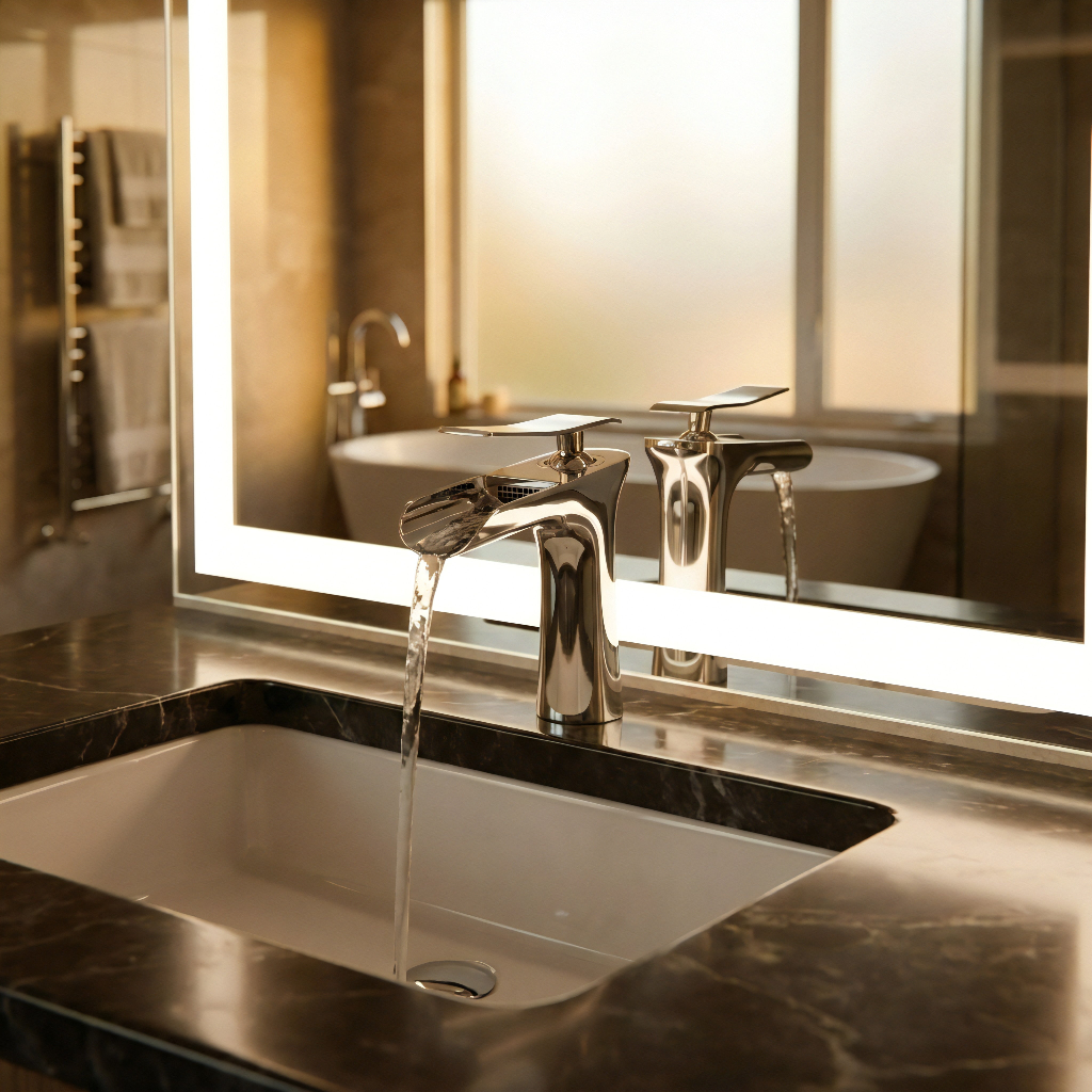 Bathroom sink with running water, illuminated mirror, and marble countertop.