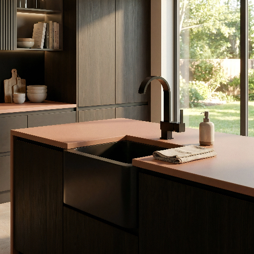 Modern kitchen with wooden countertop, sink, and faucet.