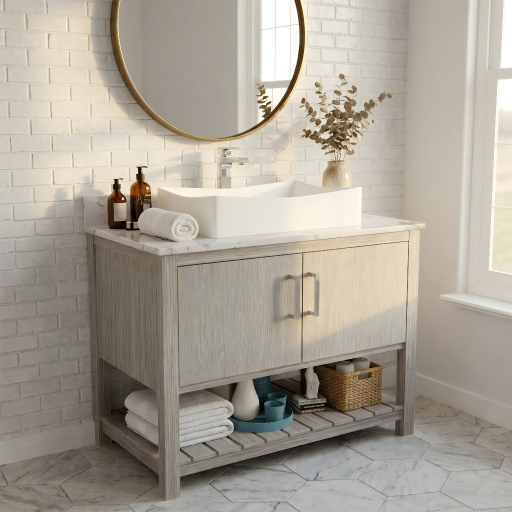 Bathroom vanity with round mirror, sink, and decorative items.