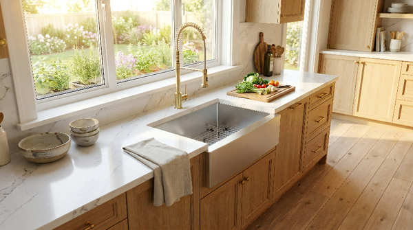 Modern kitchen with wooden cabinets, white countertops, and a large window.