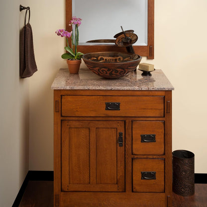 Hand-painted brown and tan mosaic glass vessel sink by Novatto, traditional bathroom fixture with intricate tile design.