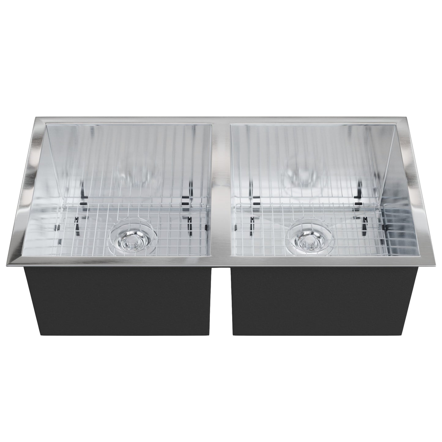 Contemporary stainless steel double bowl kitchen sink with faucet and drain kit, designed by Novatto, featuring zero radius edges.