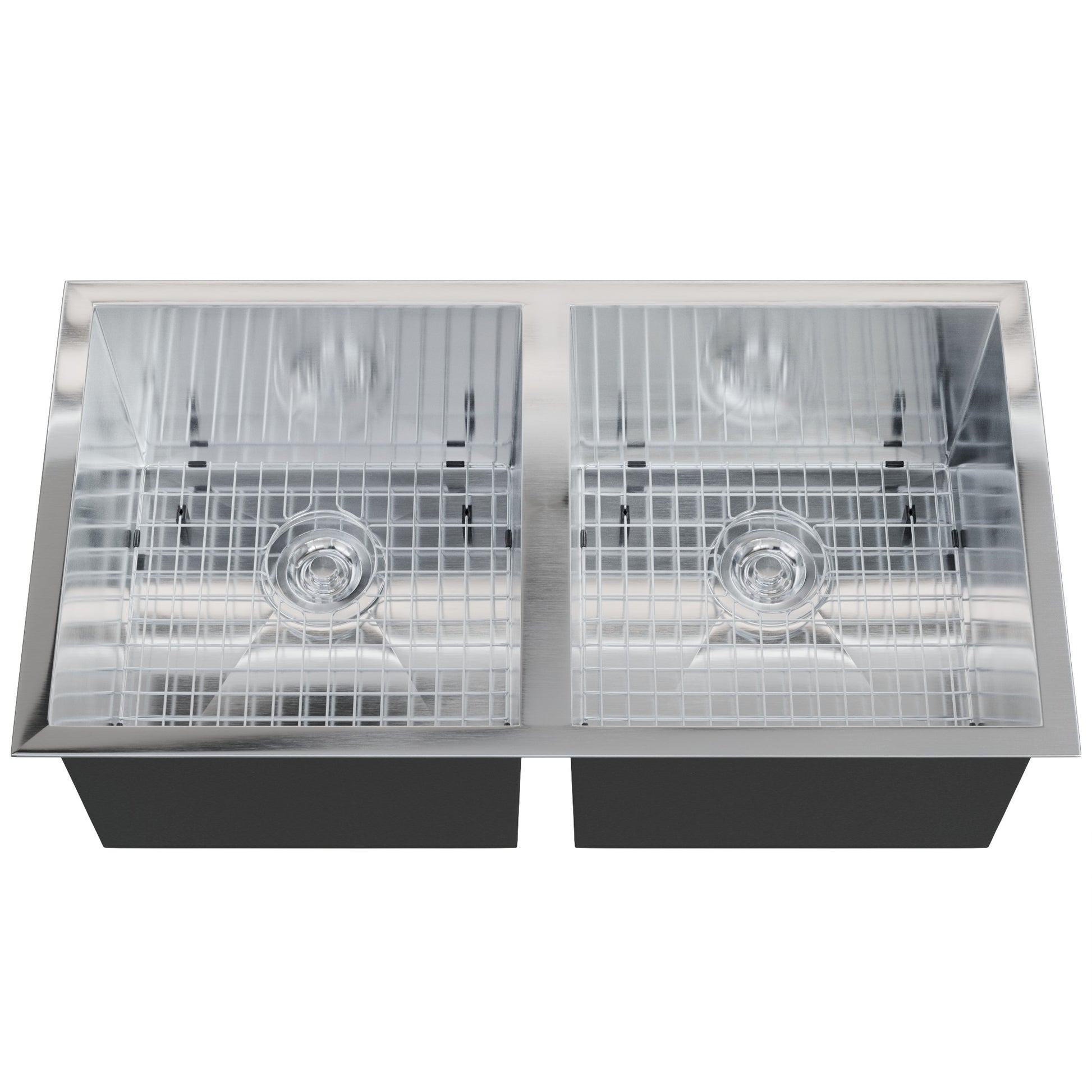 Contemporary stainless steel double bowl kitchen sink with faucet and drain kit by Novatto, featuring sleek zero radius design.