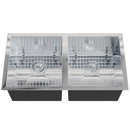 Contemporary stainless steel double bowl kitchen sink with faucet and drain kit by Novatto, featuring sleek zero radius design.