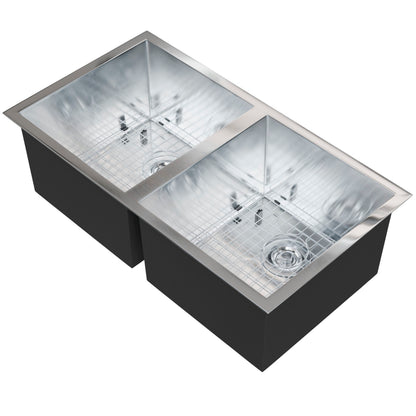 Contemporary Novatto double bowl stainless steel kitchen sink with zero radius edges, sleek and modern design, NKSS-DBART02 model.