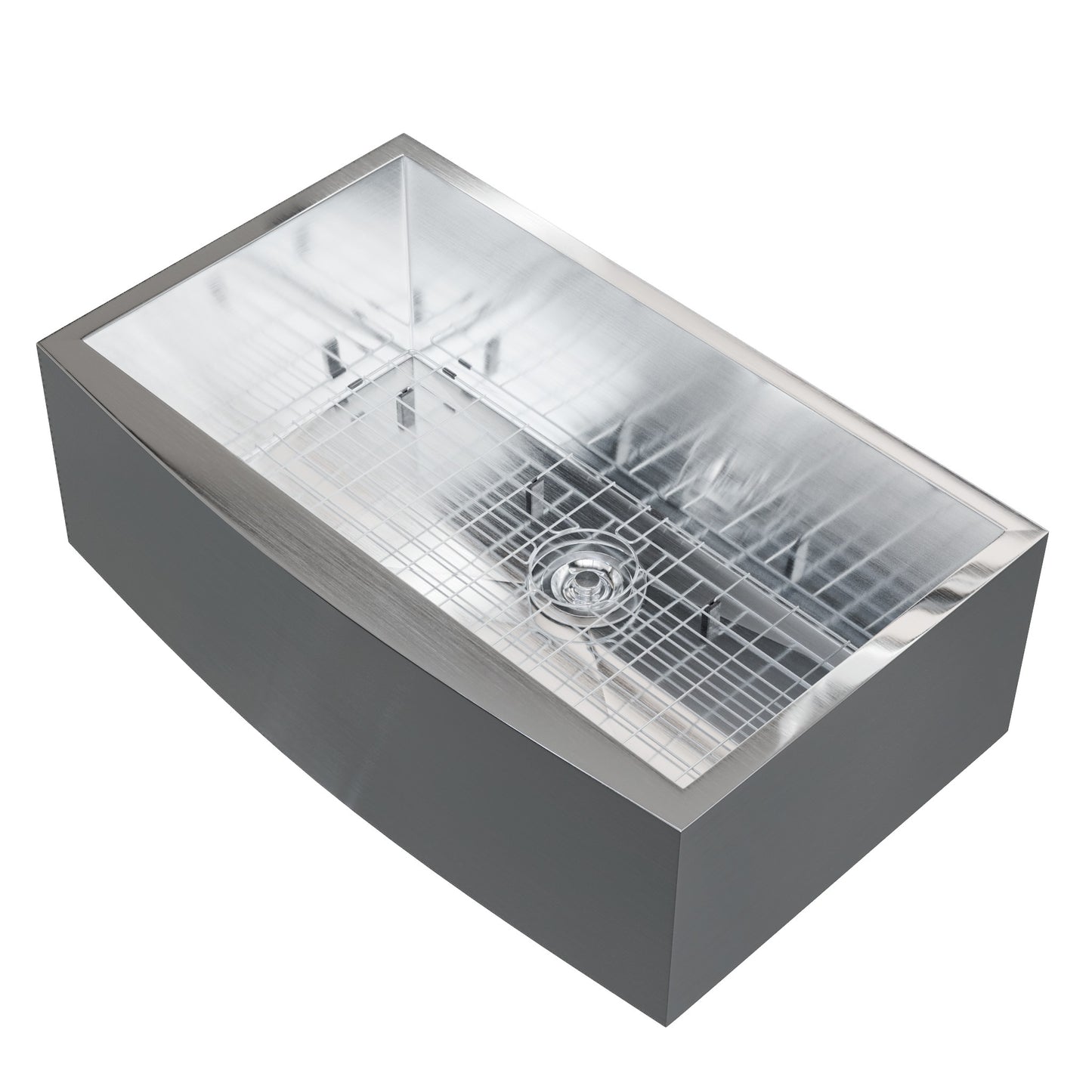 Stainless steel farmhouse kitchen sink with zero radius edges, single bowl design by Novatto, installed in a modern kitchen setting.