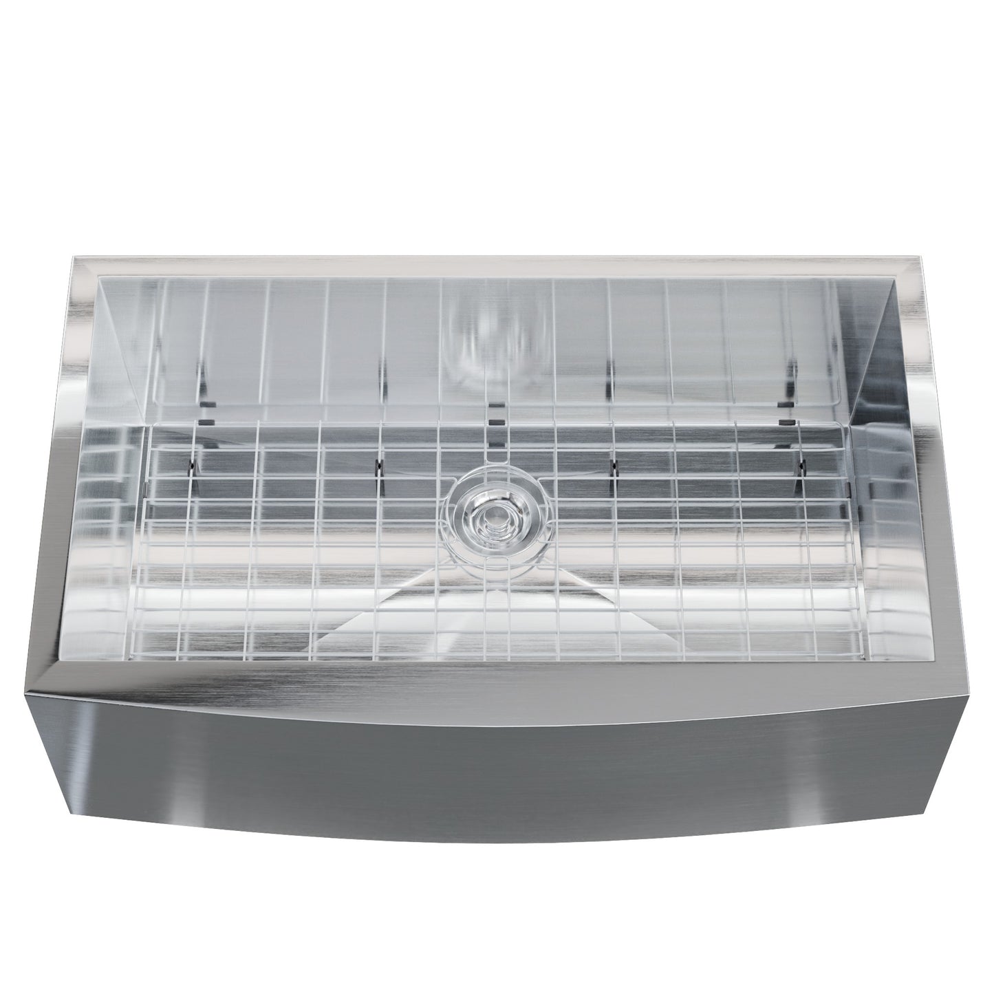 Stainless steel farmhouse kitchen sink with zero radius edges, single bowl, designed by Novatto for modern farmhouse kitchens.
