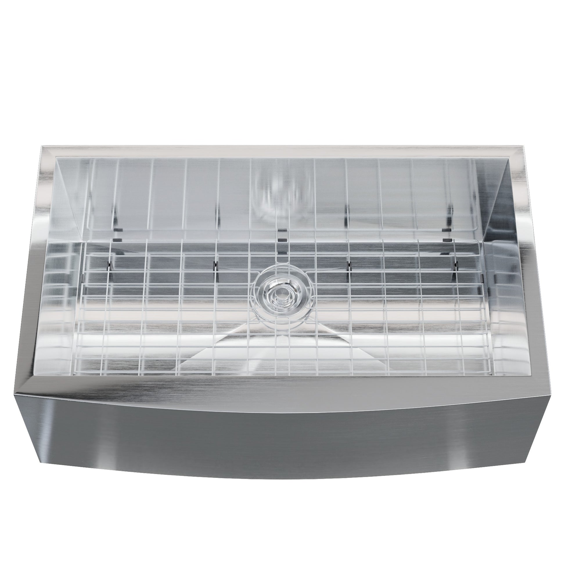 Stainless steel farmhouse kitchen sink with zero radius edges, single bowl, designed by Novatto for modern farmhouse kitchens.
