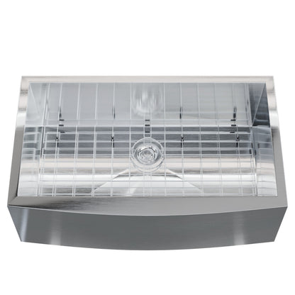 Stainless steel farmhouse kitchen sink with zero radius edges, single bowl, designed by Novatto for modern farmhouse kitchens.