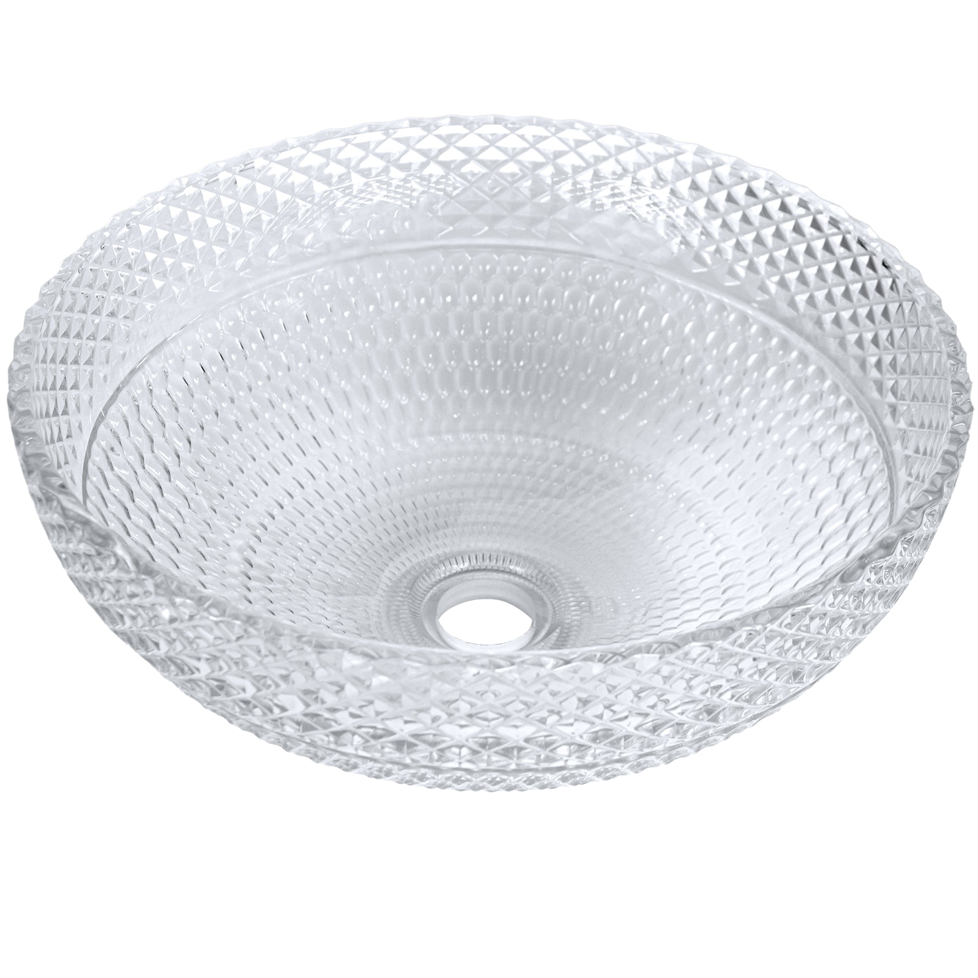 Modern Cristallo Diamond Clear crystal glass bathroom sink by Novatto, round vessel design, three-quarter view.