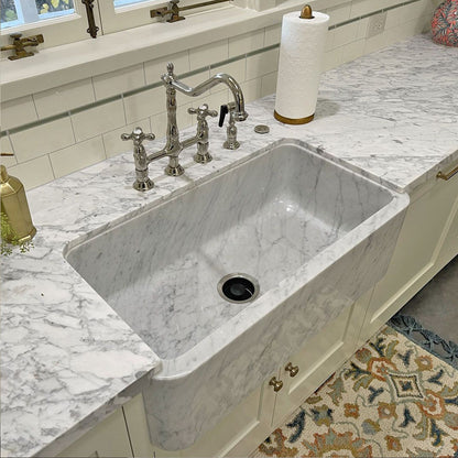 Single Bowl Kitchen Sink in Carrara White Marble with Polished Apron - NKS-SBPCW