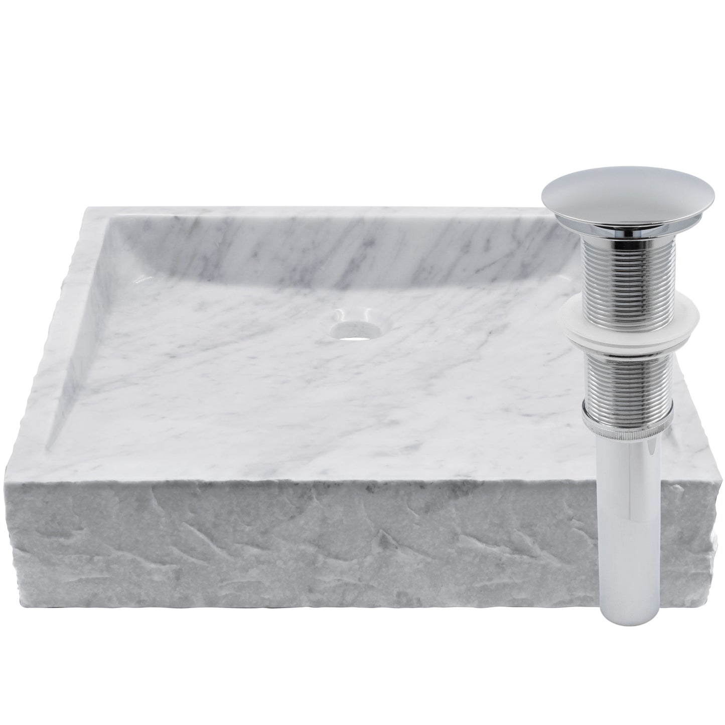 Natural Carrara White Marble Square Vessel Sink with Chiseled Exterior NOSV-CWSQ