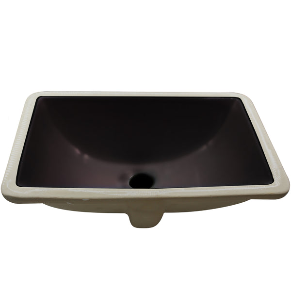 Black rectangular undermount porcelain sink with overflow, Novatto NP-U193902GB, top view showing smooth glossy surface and clean lines.