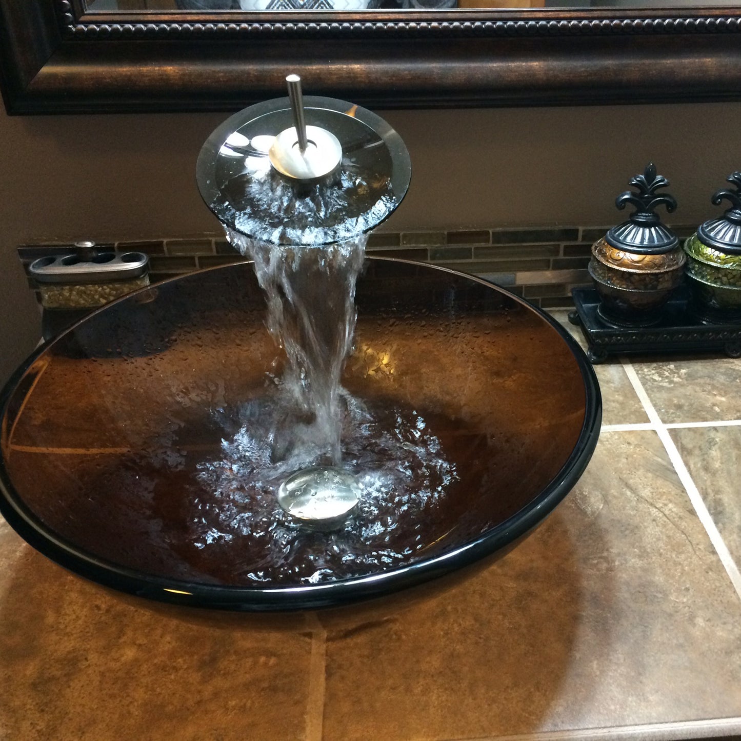 Round Clear Brown Glass Vessel Bath Sink Combo Series NSFC-168T001