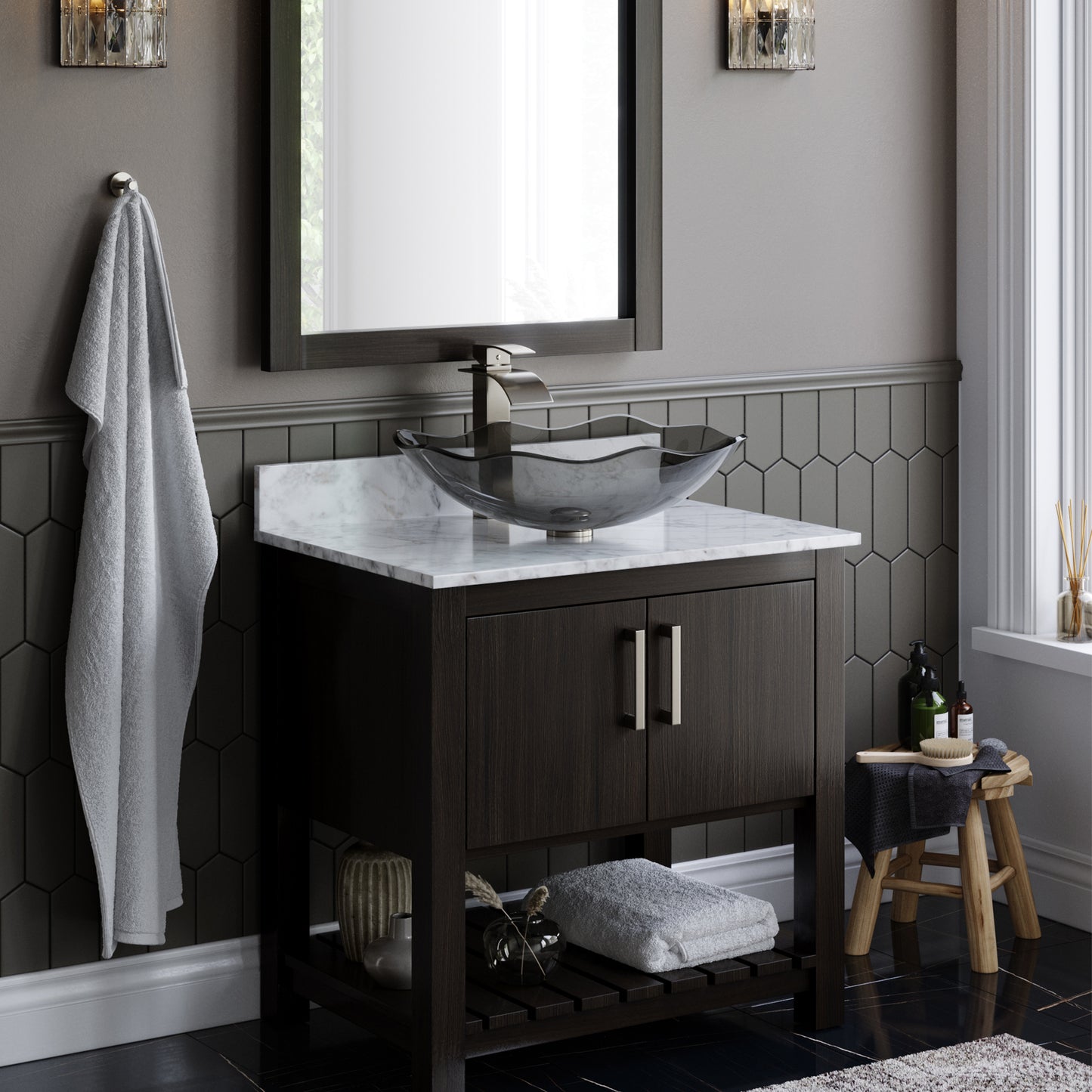 Clear Slate Grey Scalloped Glass Vessel Bathroom Sink Combo Series NSFC-317G136