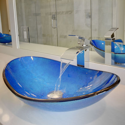 Blue Foiled Oval Tempered Glass Vessel Bath Sink TIG-S132-8031