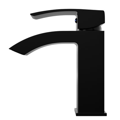 Side view of Novatto GF-123S Series Modern single handle waterfall lavatory faucet showcasing sleek design and polished finish.