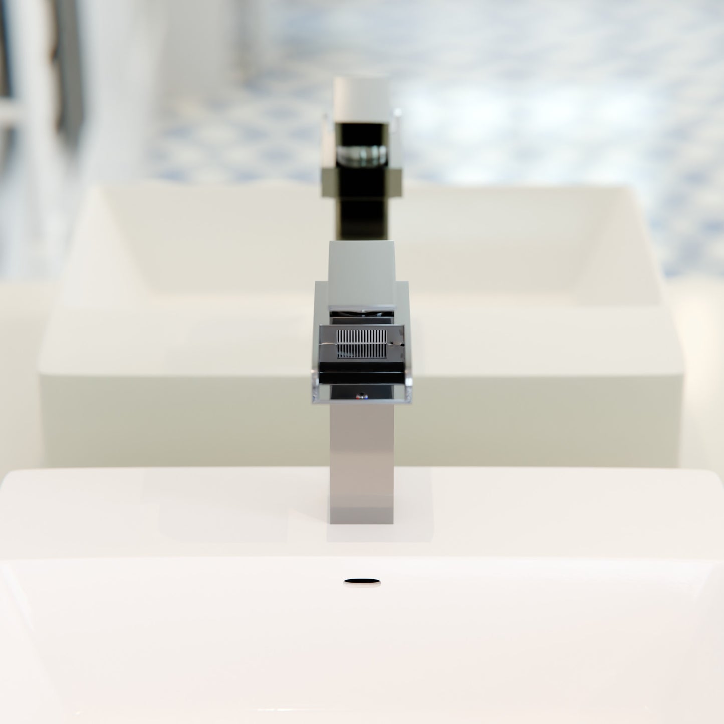 Modern Novatto GF-135S single handle waterfall bathroom faucet with sleek chrome finish, shown from a side angle.