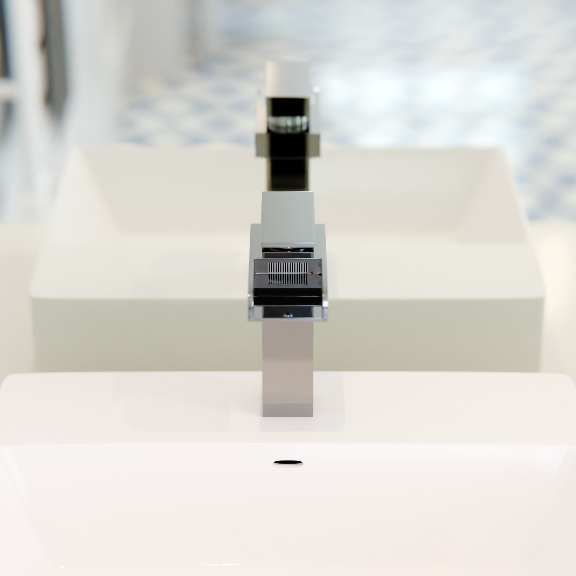 Modern Novatto GF-135S single handle waterfall bathroom faucet with sleek chrome finish, shown from a side angle.