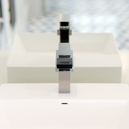 Modern Novatto GF-135S single handle waterfall bathroom faucet with sleek chrome finish, shown from a side angle.