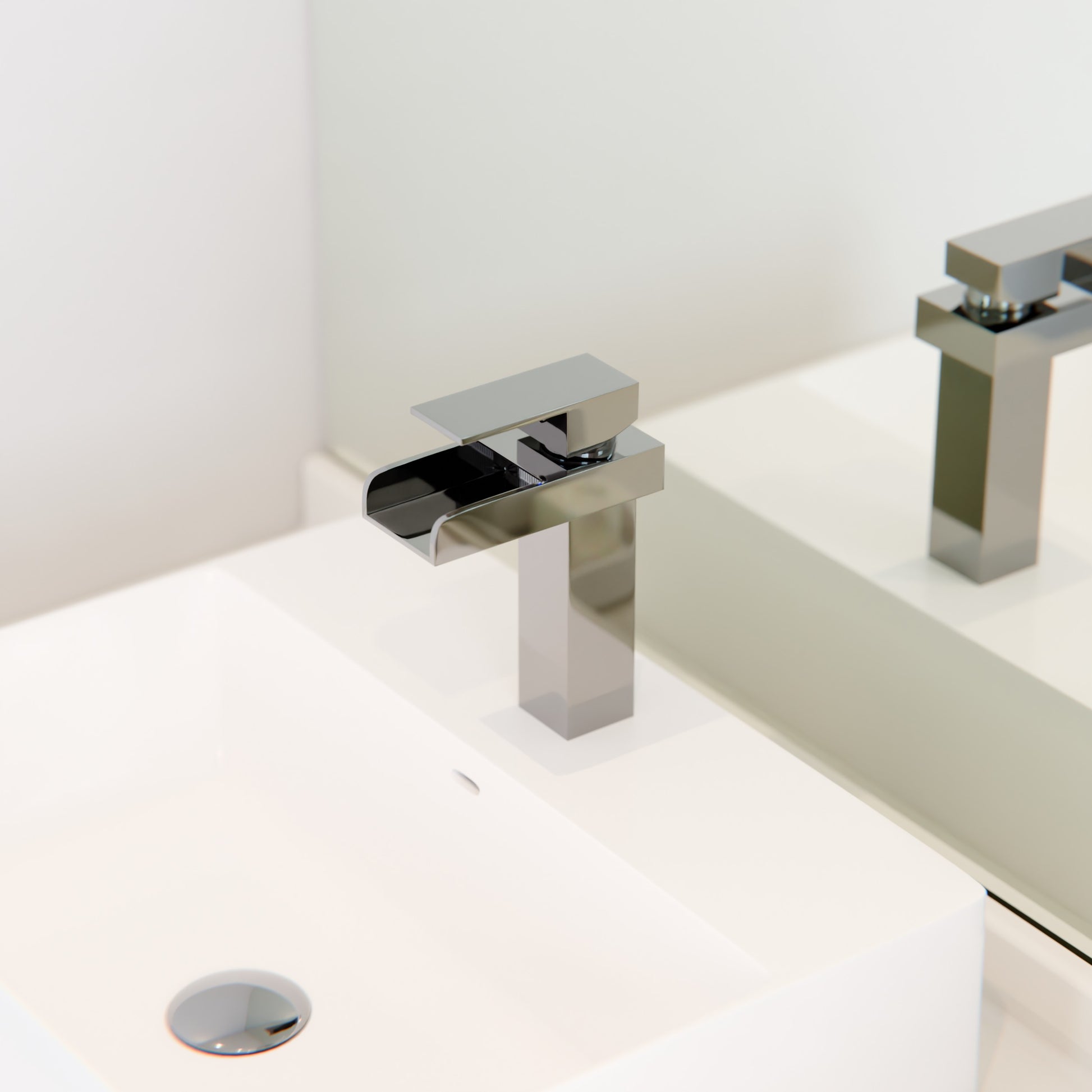 Modern Novatto GF-135S Series single handle waterfall bathroom faucet with sleek chrome finish, shown from side view.