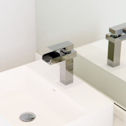 Modern Novatto GF-135S Series single handle waterfall bathroom faucet with sleek chrome finish, shown from side view.