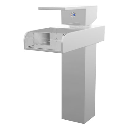 Modern Novatto GF-135S Series single handle waterfall bathroom faucet in brushed nickel, three-quarter view showing sleek design