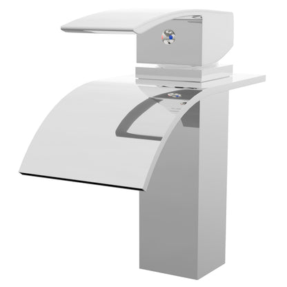 Modern Novatto Remi single handle waterfall bath faucet in brushed nickel, three-quarter view showing sleek design and spout.