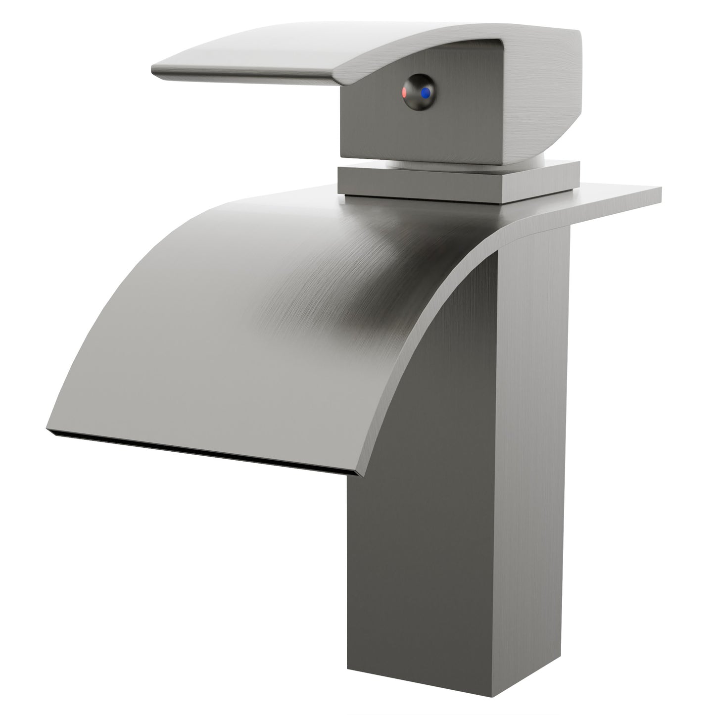 Modern Novatto Remi single handle waterfall bath faucet in polished metal finish, shown from a three-quarter angle.