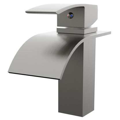 Modern Novatto Remi single handle waterfall bath faucet in polished metal finish, shown from a three-quarter angle.