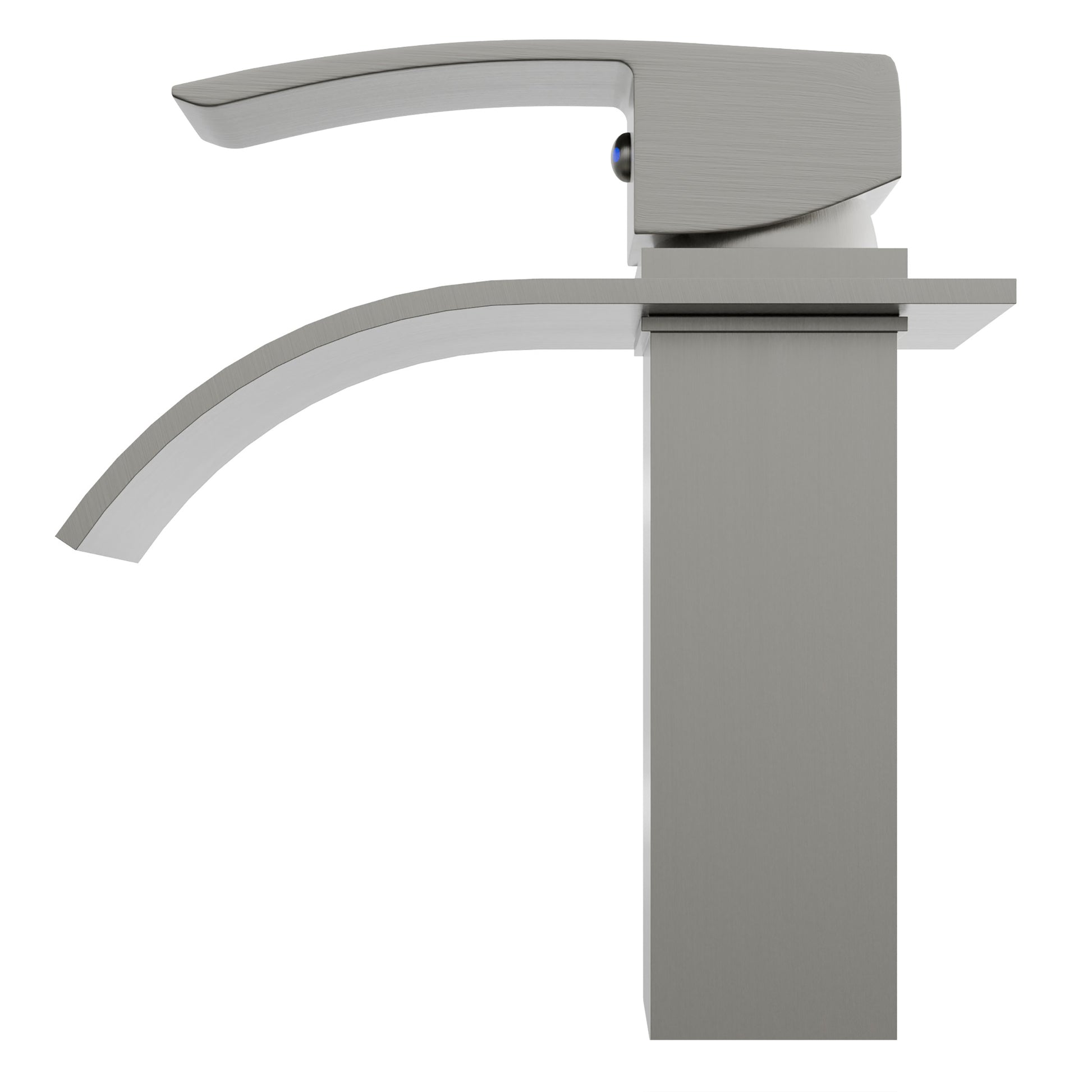 Side view of Novatto Modern Remi single handle waterfall bath faucet from GF-136S series, showcasing sleek chrome finish and elegant design.
