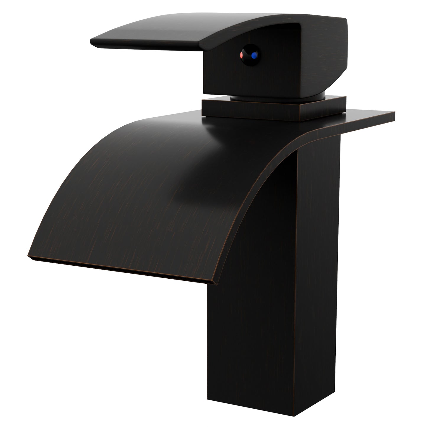 Novatto Modern Remi single handle waterfall bath faucet in oil-rubbed bronze, three-quarter view showing sleek design and spout.
