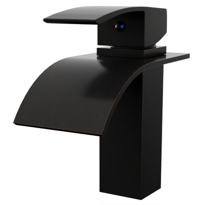 Novatto Modern Remi single handle waterfall bath faucet in oil-rubbed bronze, three-quarter view showing sleek design and spout.