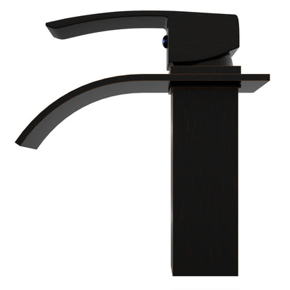 Side view of Novatto Modern Remi single handle waterfall bath faucet from GF-136S series in oil-rubbed bronze finish.