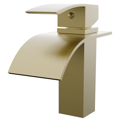 Modern Novatto Remi single handle waterfall bath faucet in brushed stainless finish, three-quarter view showing sleek design.