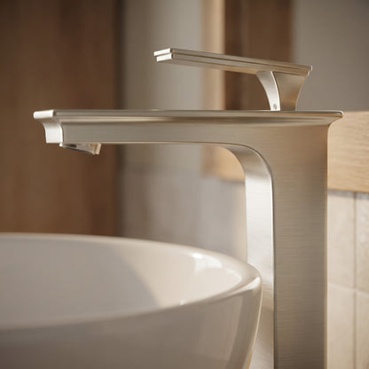 Modern Novatto Starks single hole vessel bath faucet from GF-368 series, sleek chrome finish with ergonomic handle for contemporary bathrooms.