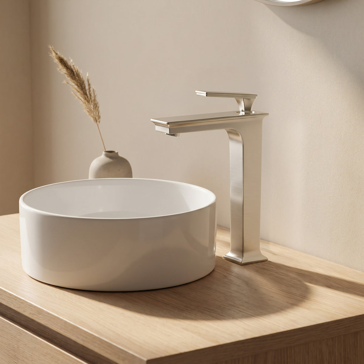 Modern Novatto Starks GF-368BN single hole vessel bath faucet with sleek chrome finish, designed for contemporary bathrooms.