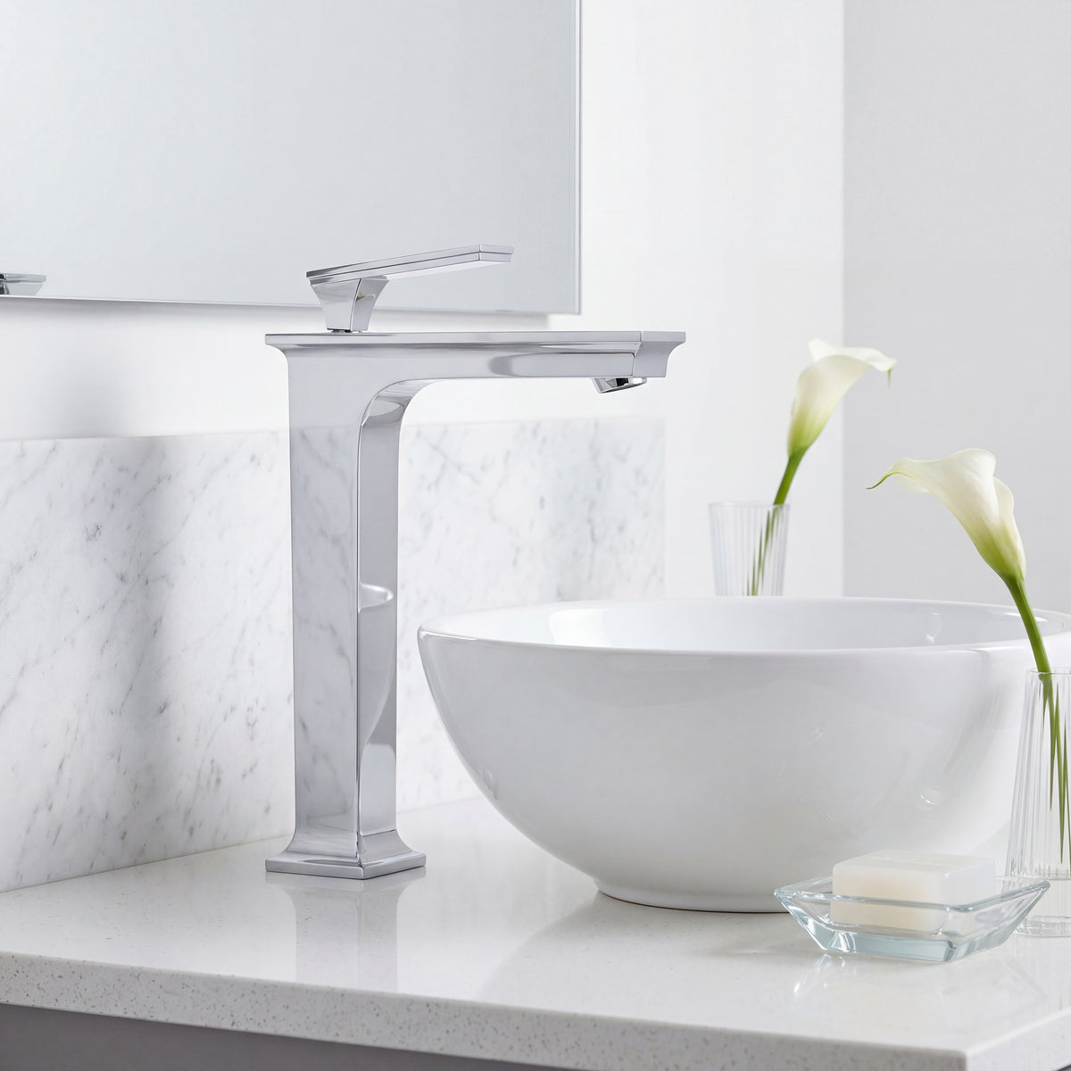 Modern Novatto Starks single hole vessel bath faucet from GF-368 series, chrome finish, sleek contemporary bathroom fixture.