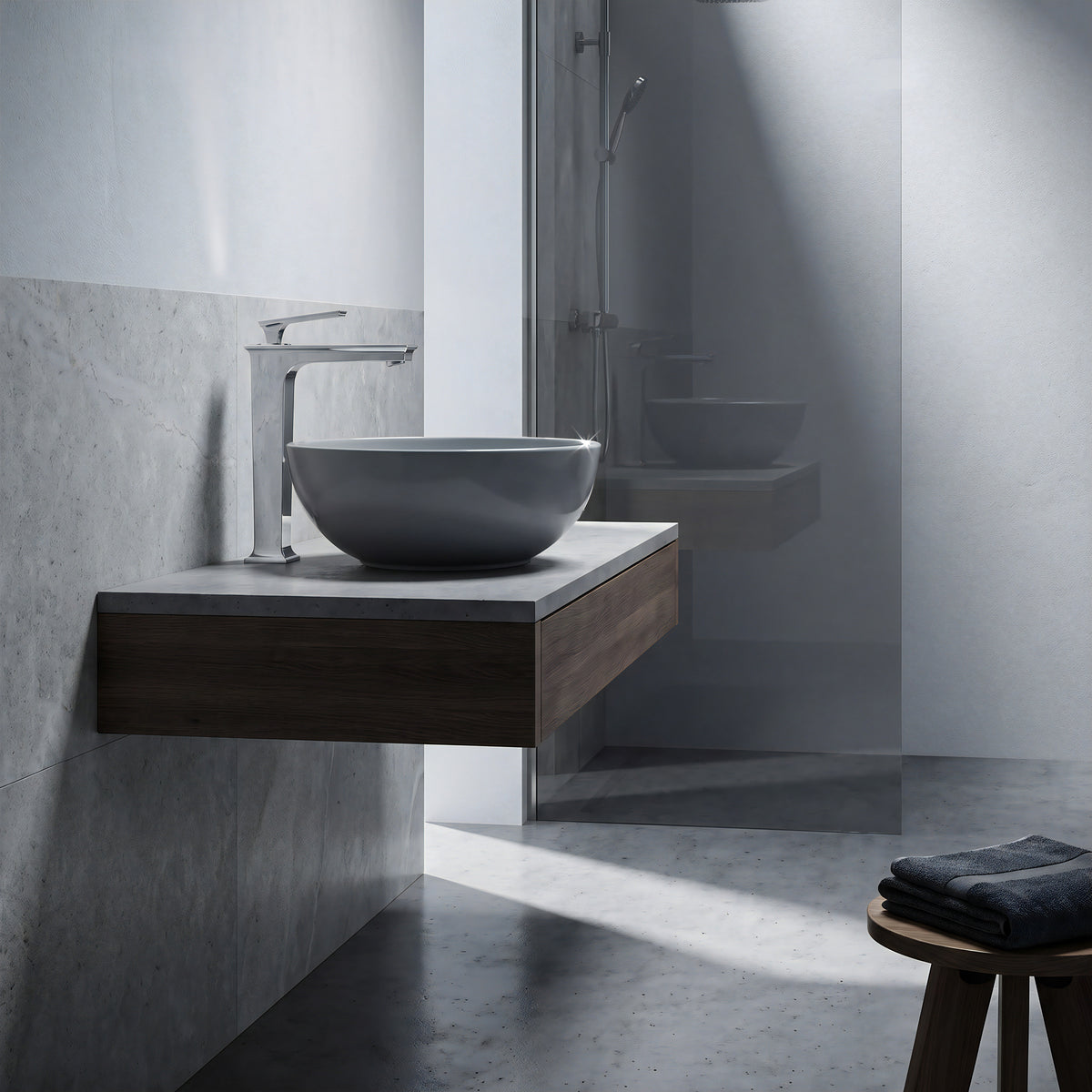 Modern Novatto Starks GF-368 series single hole vessel bath faucet with sleek chrome finish in a contemporary bathroom setting.