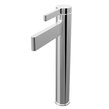 Three-quarter view of Novatto Phia Modern single hole vessel bathroom faucet from the NBF-016 series, chrome finish.